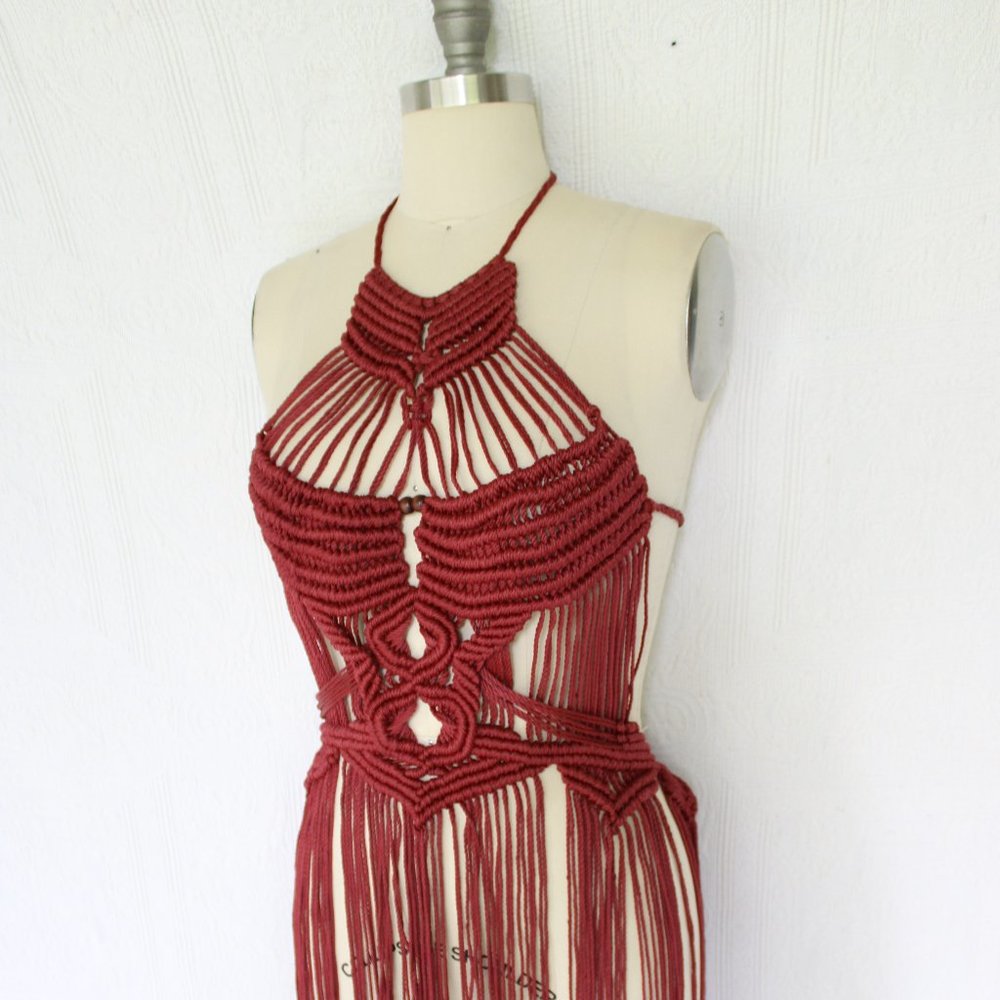 Vintage 60s hippie MACRAME crochet halter tunic dress fringe beaded Free People - Picture 9 of 11
